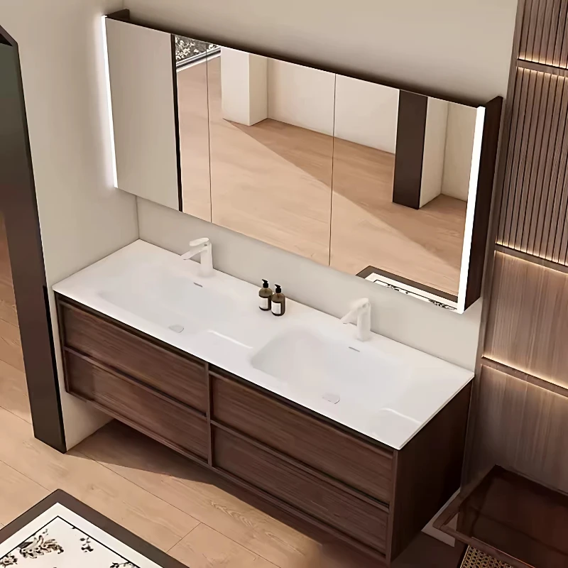 

Ceramic integrated double basin walnut washstand bathroom cabinet hand washbasin combination customization