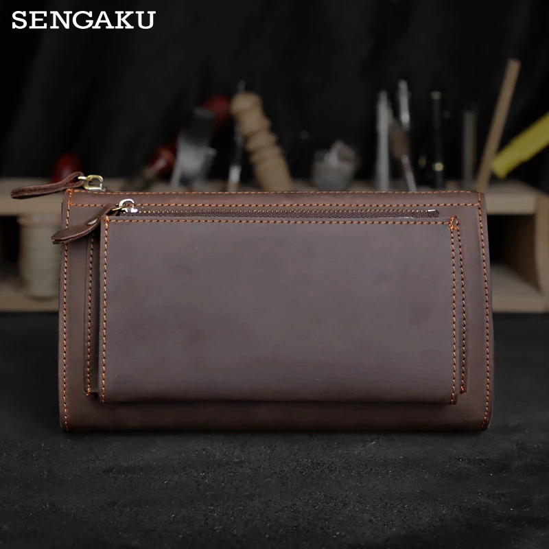 Men\'s Clutch Bag Handmade Genuine Leather Wrist Handbag Cow Leather Clutch Wallet Storage Long Wallets Money Bag Purse