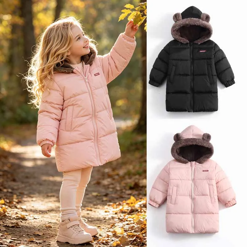 Kinder Lange Daunen-Baumwollmäntel Winter Jungen Mädchen Verdickte Plüsch-Warme Jacken Kinder Lammwolle Knielange Kapuzen-Oberbekleidung – Detail 1