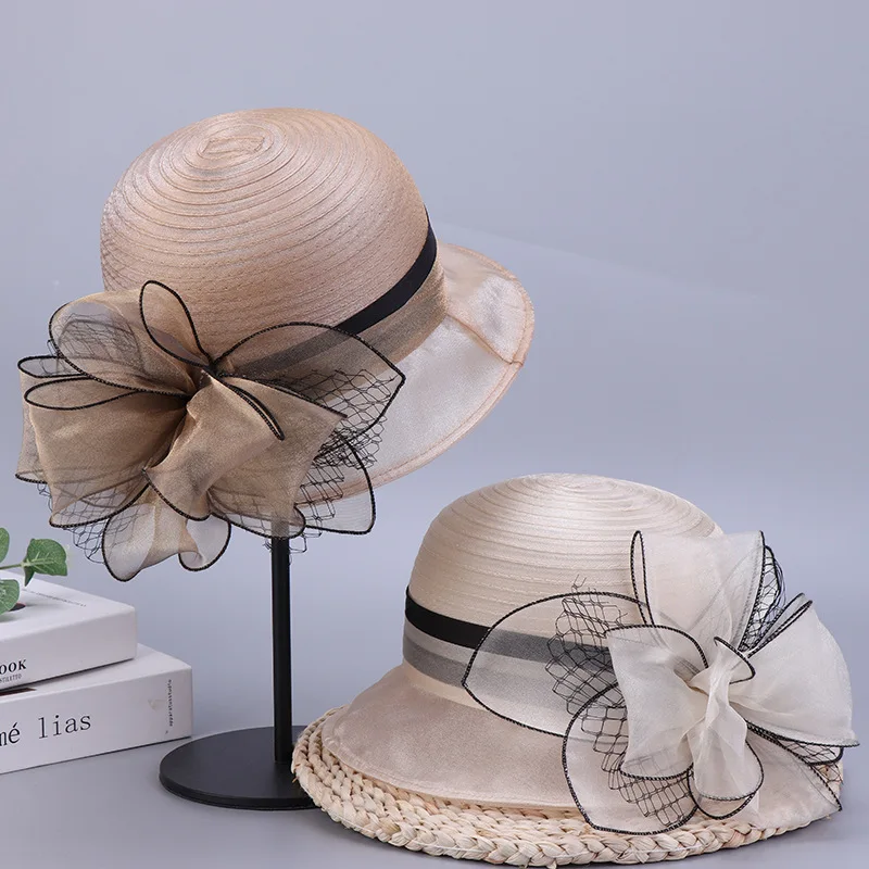 

2024 New Korean version breathable organza flower fisherman hat fashion elegant outdoor tourism visor hat female banquet top hat