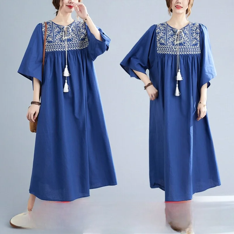 

Loose Ethnic Style Embroidered Fly Sleeve Dress Women's round Neck Short Sleeve Mid-Length Skirt Thin Quality Cotton Linen Blend