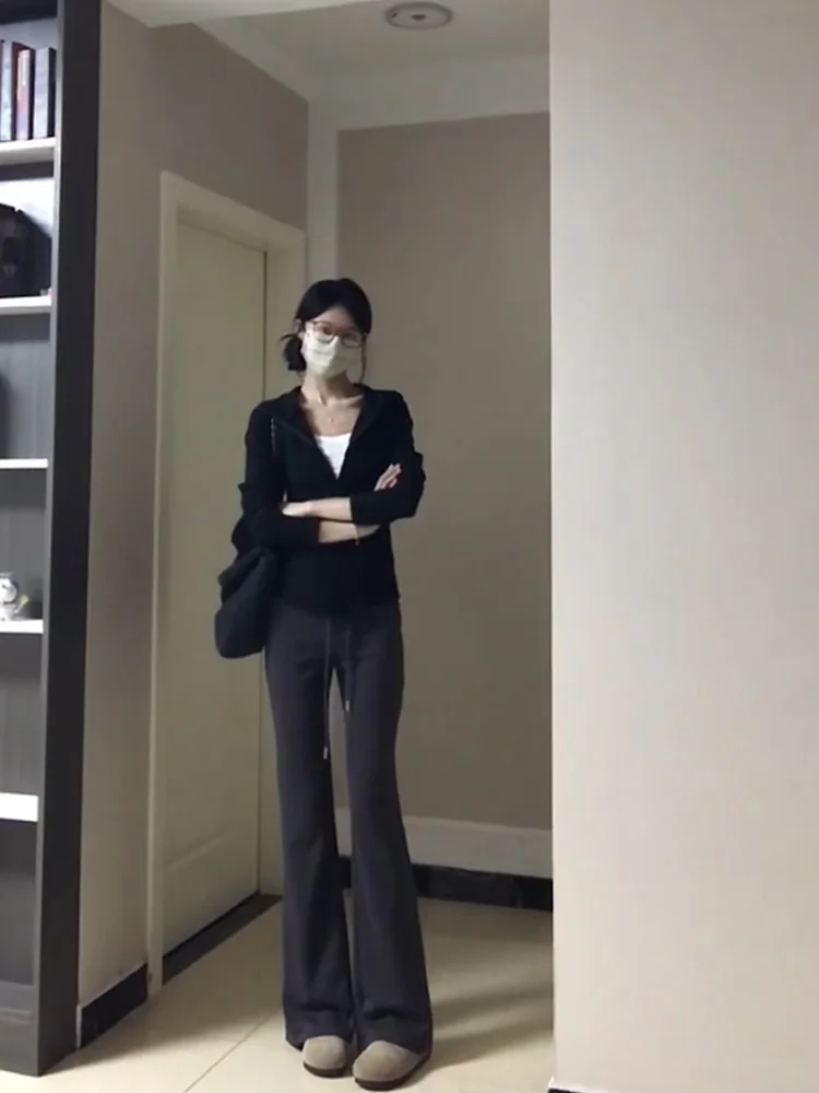 Pantalon de sport évasé américain pour femme, automne-hiver, taille haute, drapé, amincissant, jambes droites, jambes larges