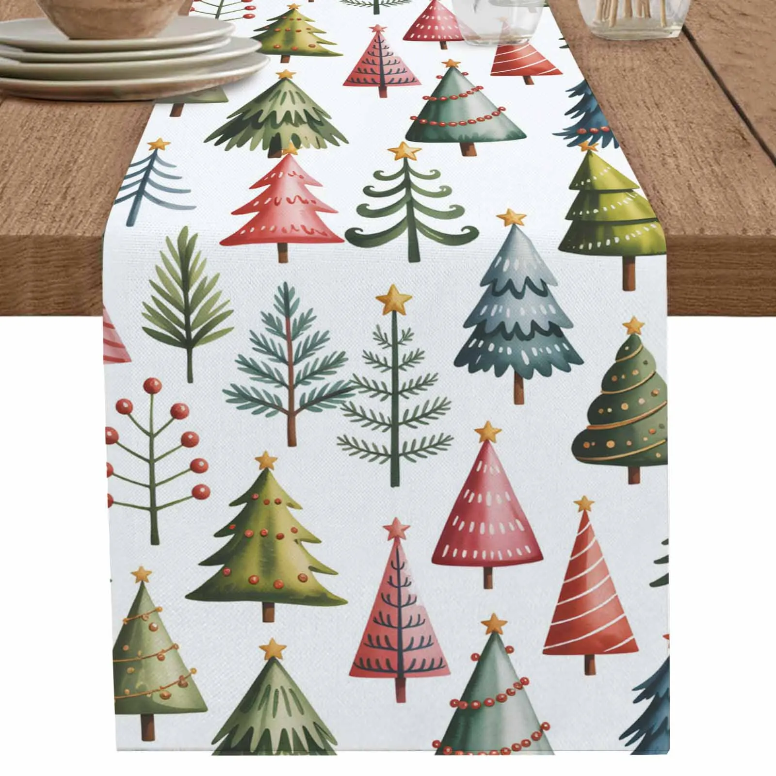 

1 PCS Table Runner Watercolor Christmas Tree Pine Home Coffee Tablecloth Kitchen Decorative Outdoor Indoor Party Table Decor