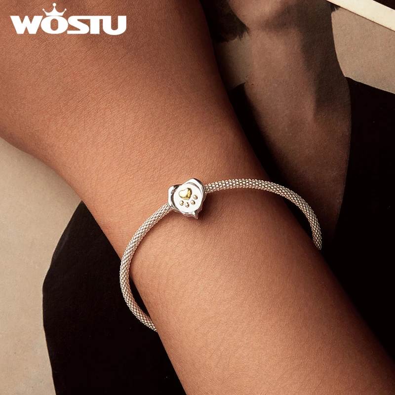 WOSTU 100% 925 Sterling Silver Two-tones Heart Charms Star Stopper Beads Fit for Women Original Bracelet Pendant DIY Jewelry