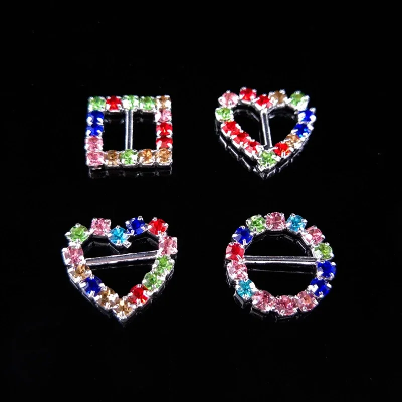 Engood 100Pcs Colorful Rhinestone Round Heart Buckle  Invitation Slider for Wedding Decoration Sewing Trim & Embellishment Craft