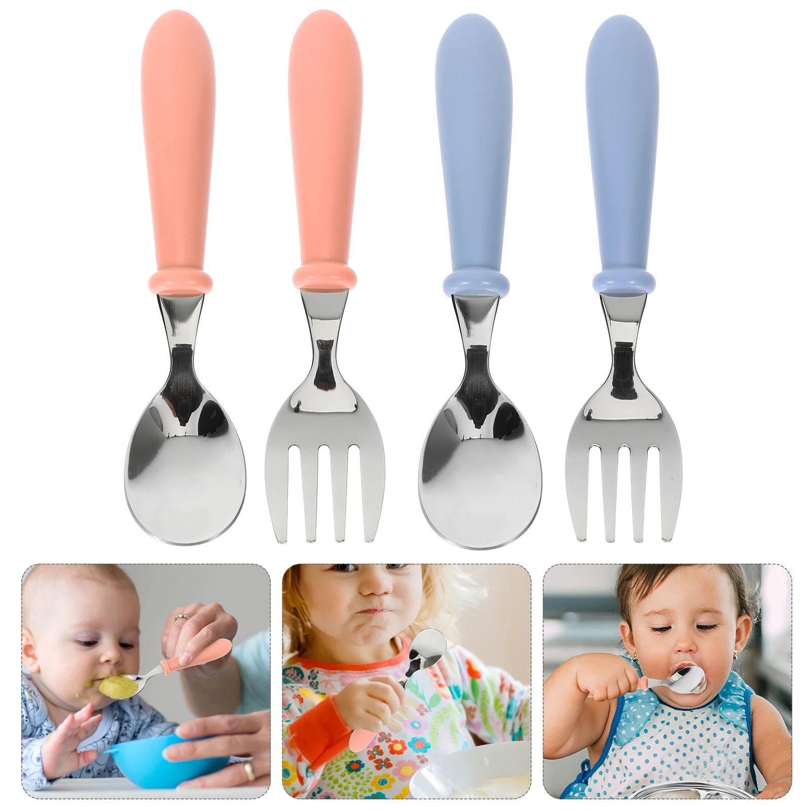 

4pcs Children Spoon Fork Toddler Eating Utensils Kids Stainless Steel Baby Tableware ABS Cutlery Set Infant