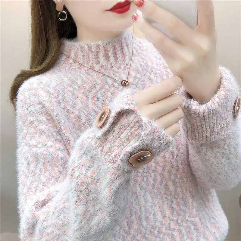 

Women Autumn Winter Casual Sweet Cute Button Solid Color Sweater Women Clothes Loose Kawaii Pullover Mock Neck Fleece Thick Swe