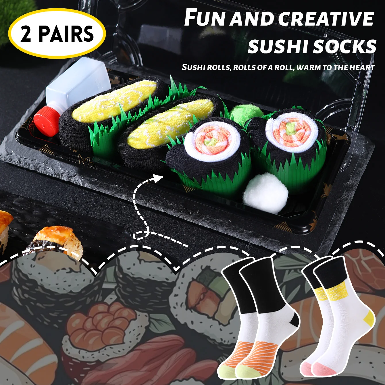 2 Pairs of Unisex Mid-Calf Socks, Novelty and Fun Salmon Sushi Gift Box Socks, Creative Socks, Fashionable and Trendy Style, Comfortable and Breathable, Suitable for Parties, Casual Wear, Valentine's Day, Halloween, Birthdays, Christmas, New Year, Thanksgiving, Autumn and Winter, All-Season Styles, Creative Gift Box