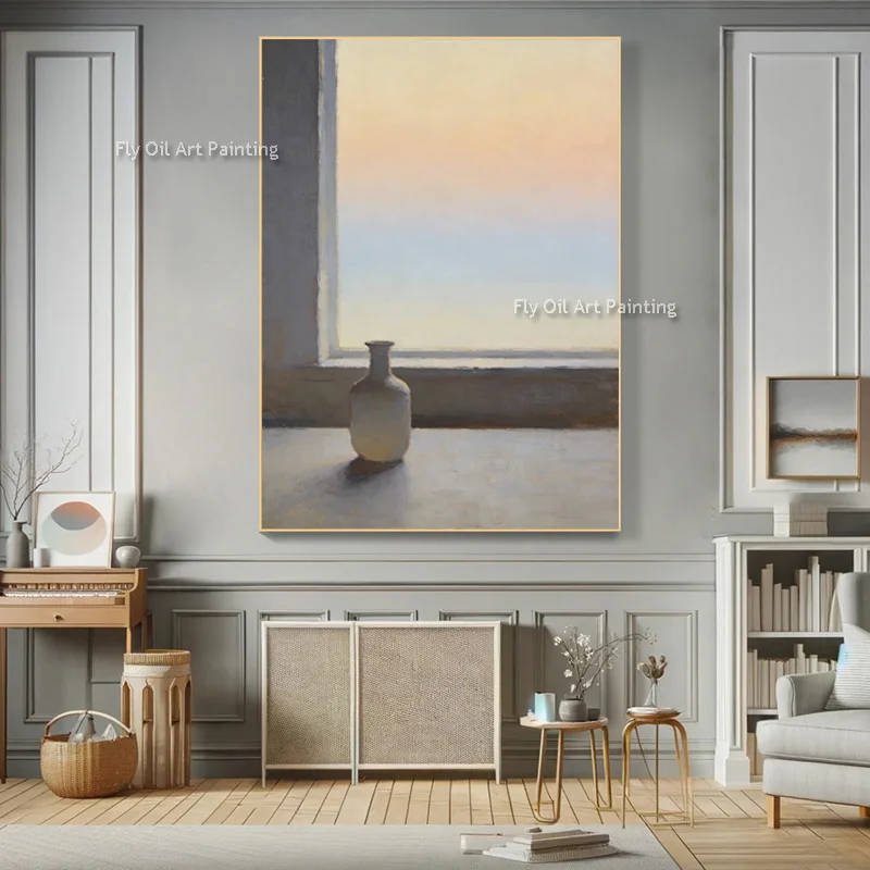 

Новая модная дизайнерская настенная картина, ручная роспись, бежево-серый цвет, изображение окна, холст, ручная работа, простая современная масляная живопись для декора.