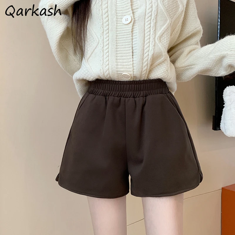 

Woolen Shorts Women Autumn Elastic Waist Loose Solid Casual Pockets Wide Leg Trousers Sporty Style Simple All-match Basic Chic