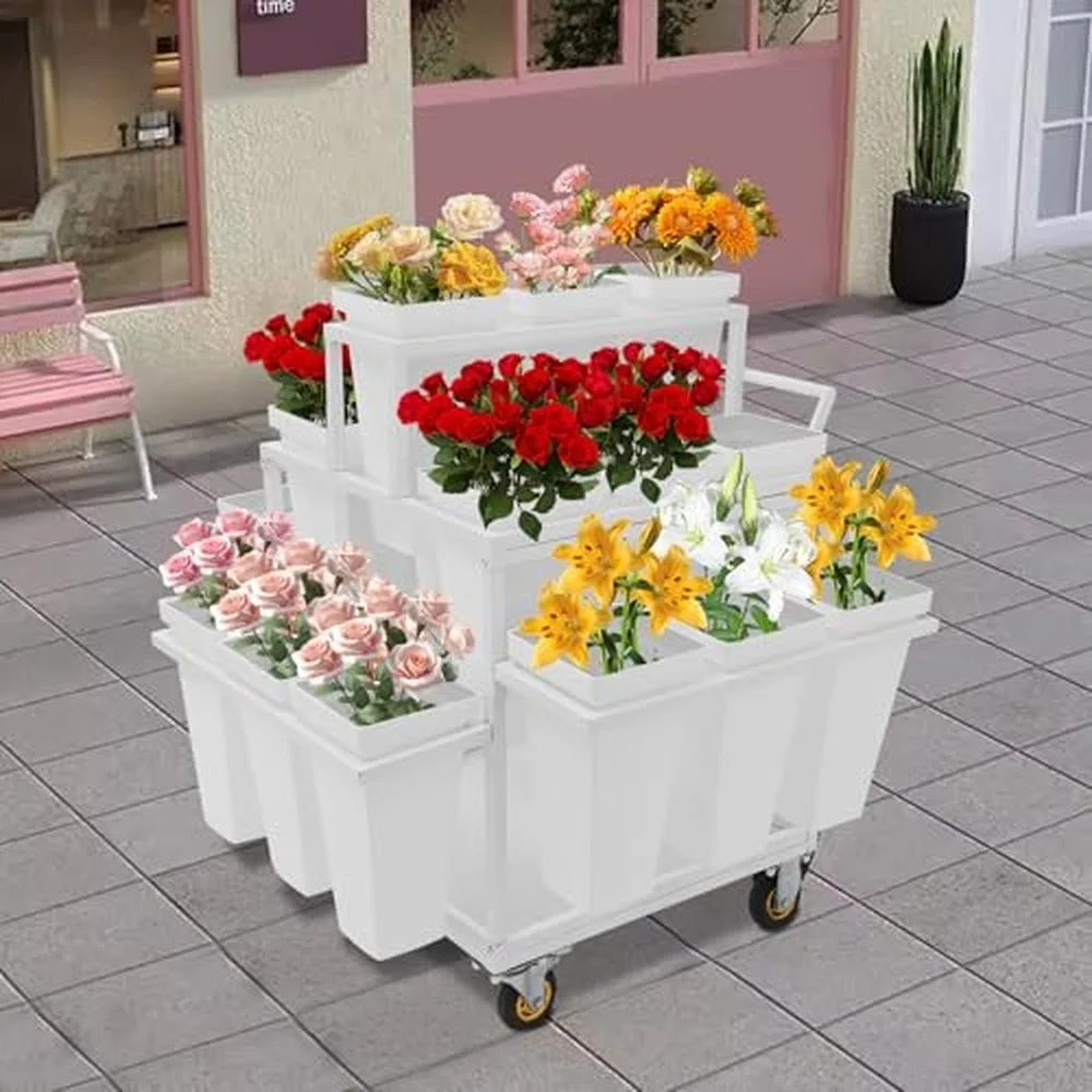 6 Tier Flower Display Stand with Wheels Rolling Flower Display Rack with 18 Flower Buckets and Foldable Table Board