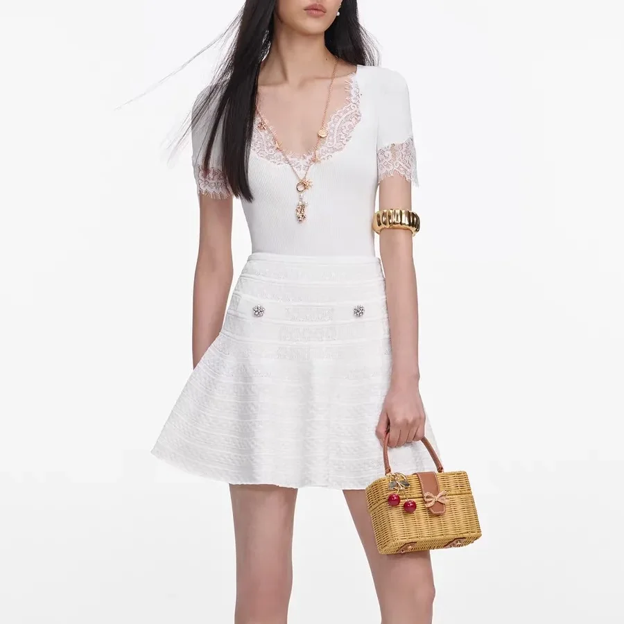 

Women Lace patchwork knit jumpsuit v-neck short sleeve slim fashion tops