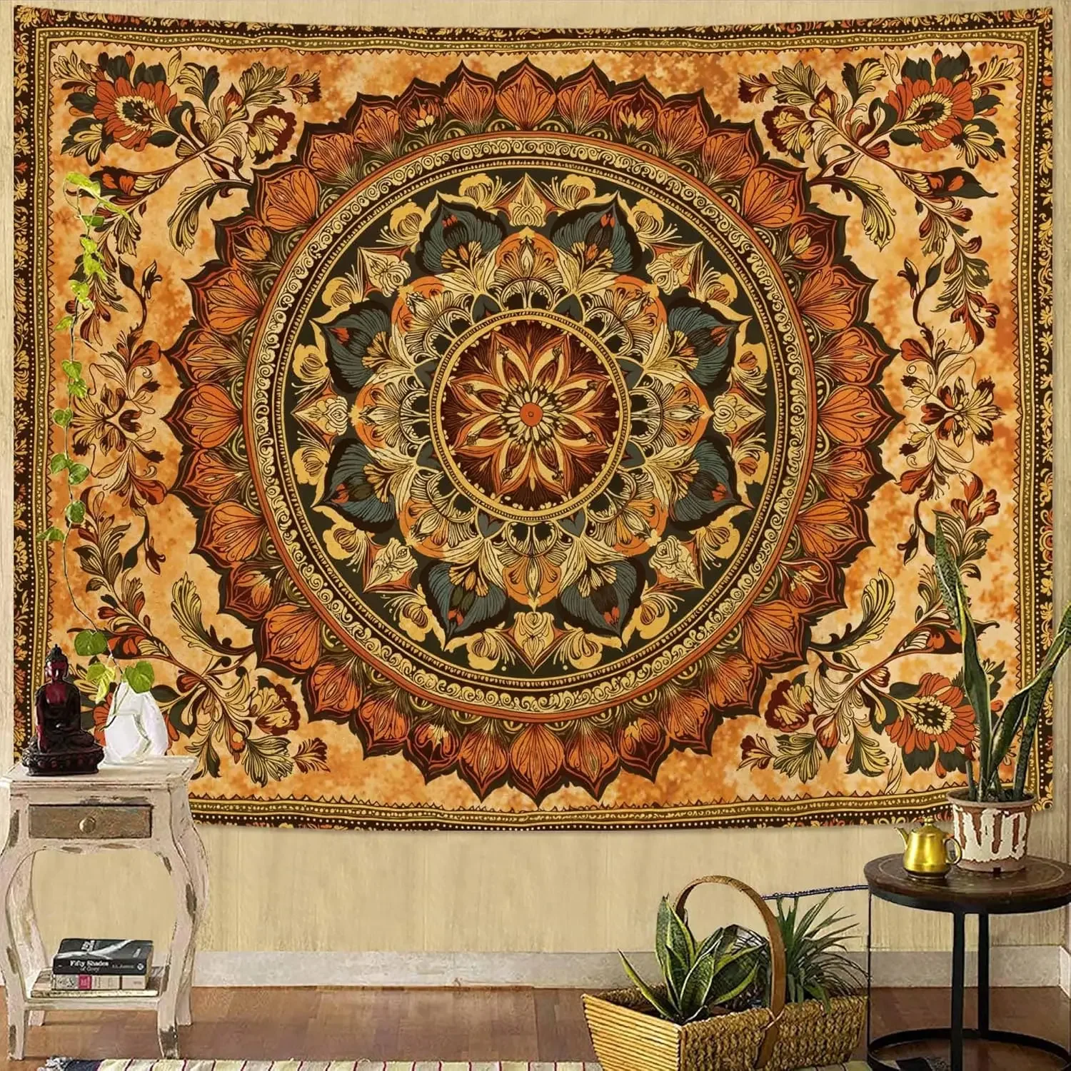 Bohemian Mandala Tapestry, Intricate Floral Design in Warm Orange & Brown Hues, Wall Art for Cozy & Eclectic Rooms