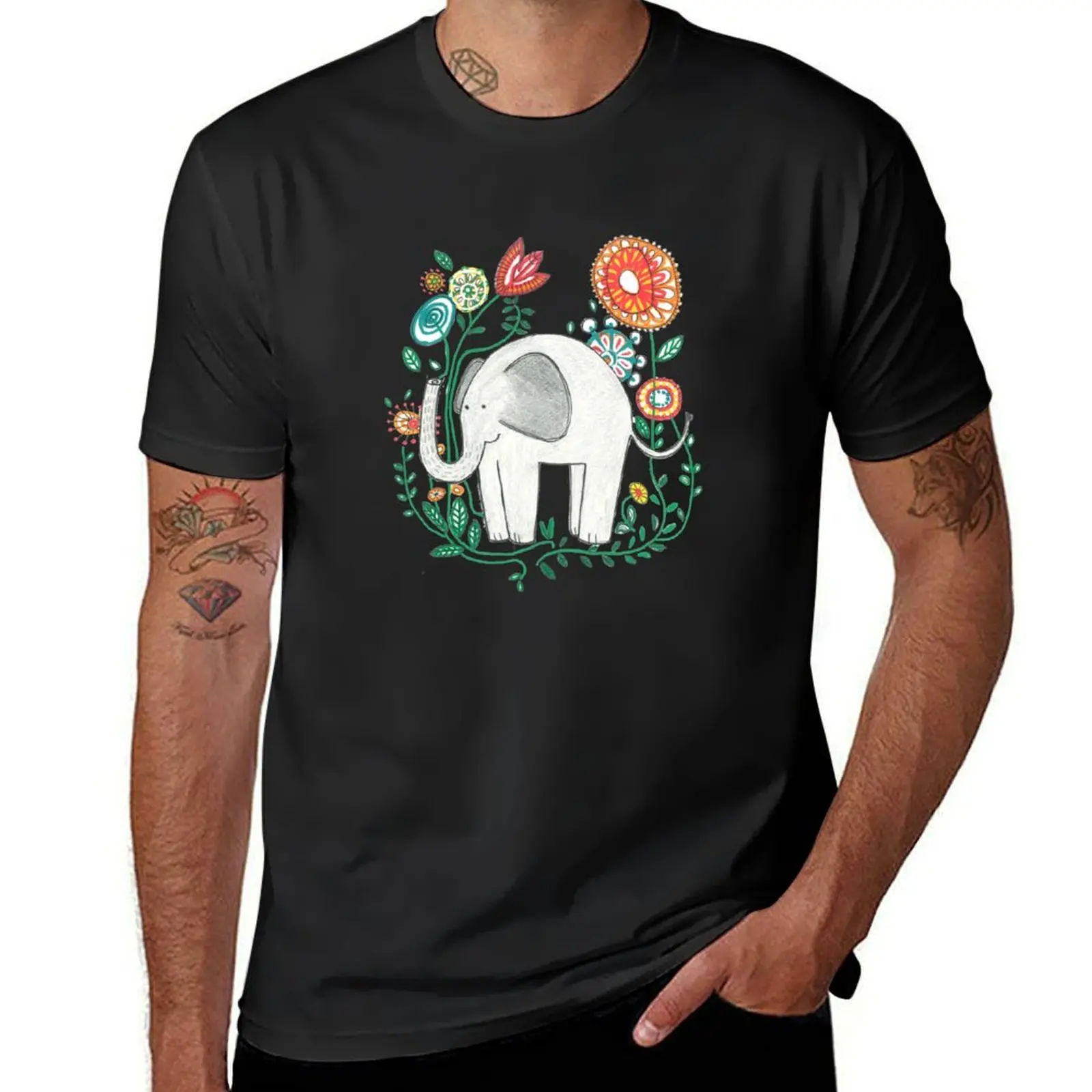 Elephant Among Flowers T-Shirt plain anime clothes plain white t shirts men