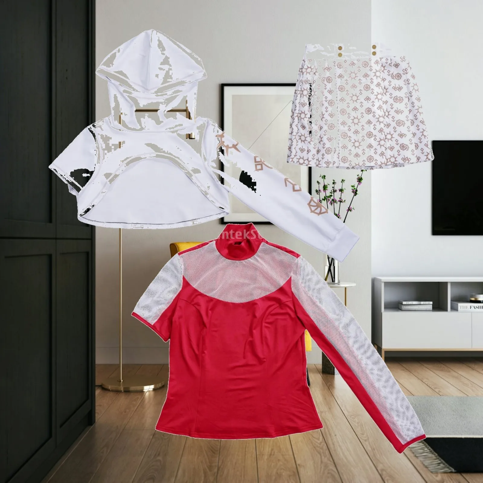 childrens-halloween-performance-costume-3-piece-set-hooded-crop-jacket-red-shirt-and-geometric-print-dance-skirt