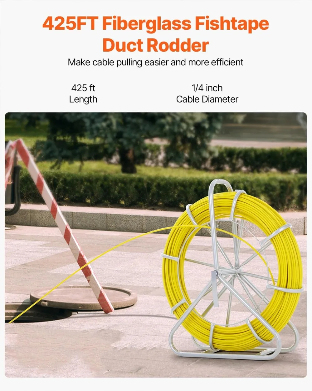 

425 FT Fiberglass Fish Tape 1/4 Inch Non-Conductive Cable Puller for Walls Floors Conduit