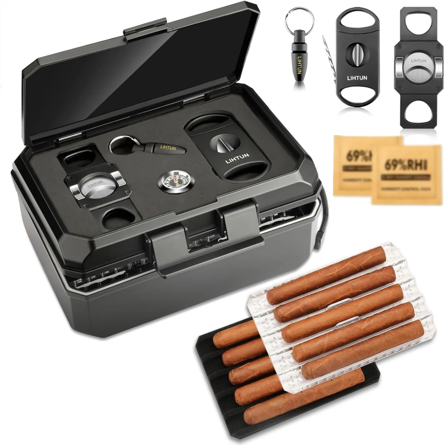

Travel Humidor Box with 2 Cutters and Punch, Portable Cigar Case for 10 Cigars, Gift for Men