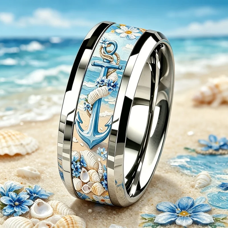 Huitan Sea Style Fresh Stainless Steel Ring for Women Nautical Anchor Seashell Floral Sticker Party Daily Trendy Accessories