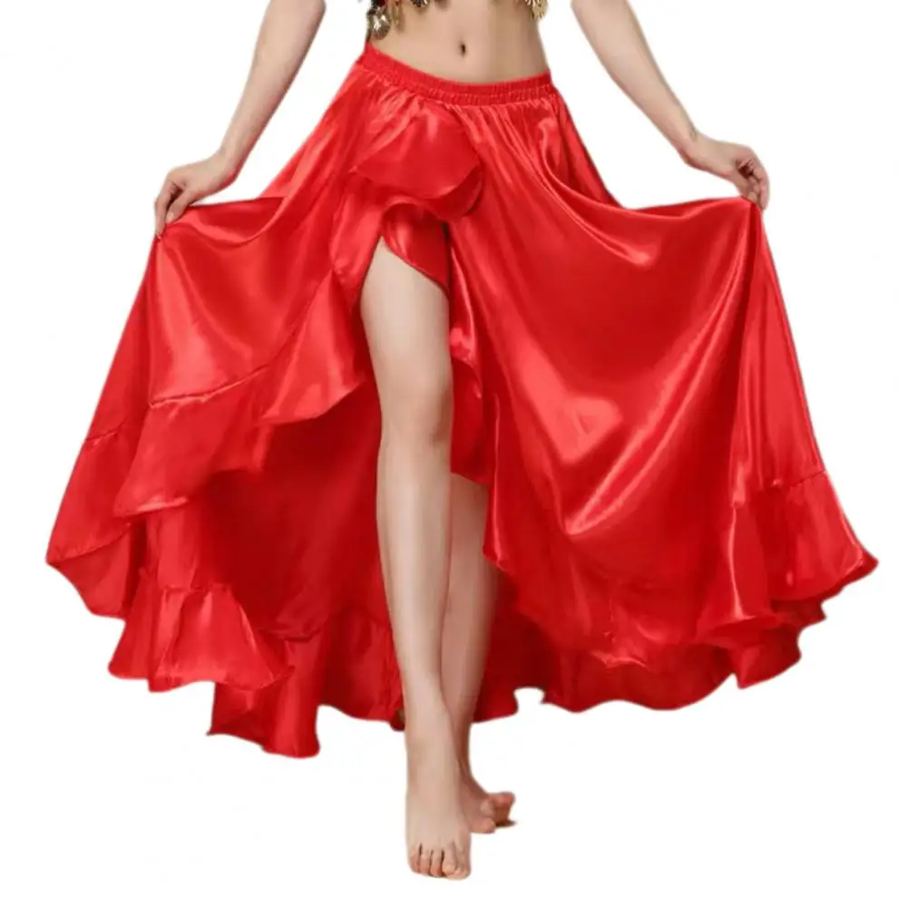 Modern Belly Indian Dance Skirt Women Elastic Waist Ruffled Hem Side Slits Skirt Solid Color Dance Ballet Cosplay Skirt