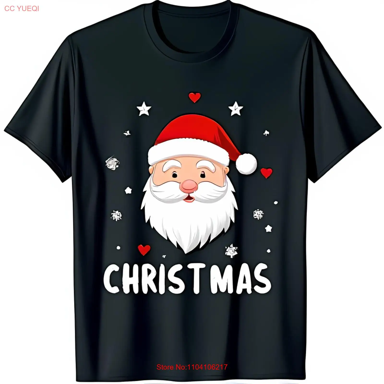 

Festive Black T-Shirt with Cartoon Santa Hearts & Stars Christmas Graphic Tee