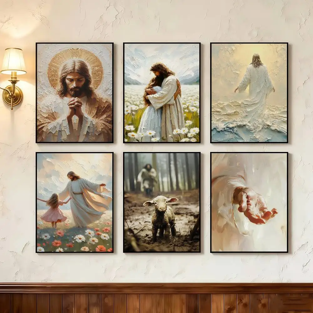 Christian Religion Holy Faith Jesus Walking on Water Art Poster Self-adhesive Art Waterproof Paper Sticker House Room Wall Decor