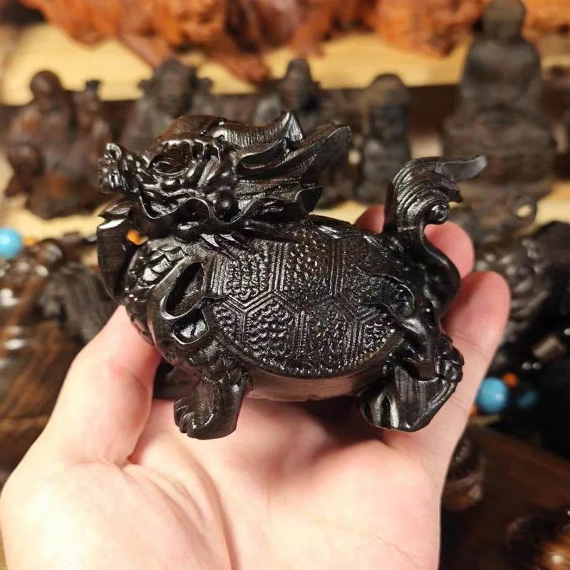 Hand-Carved Wood Dragon Turtle Xuanwu Statue - 3.5