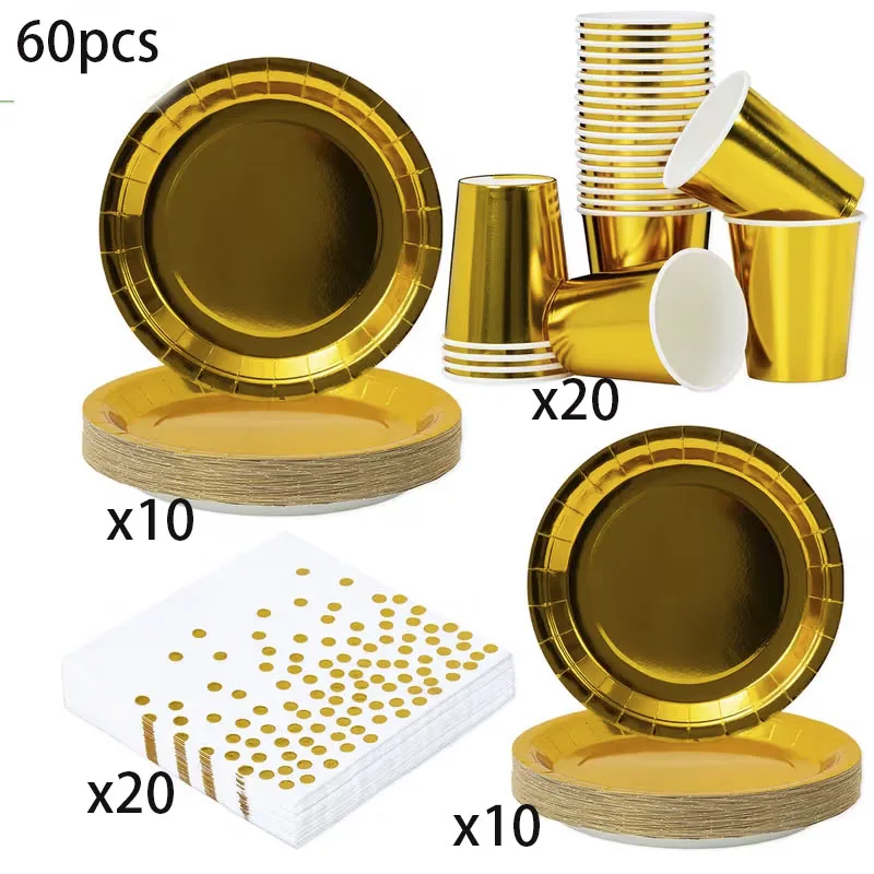 60-teiliges goldenes Einweg-Geschirrset, elegante Pappteller, Becher, Folien-Servietten für Hochzeiten, Geburtstagsfeiern, Dekorationen und Zubehör. – Detail 1