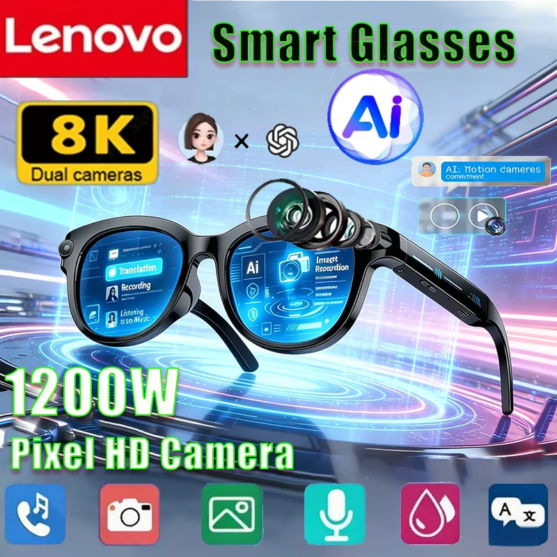 

Lenovo 2026 8K AI Smart Glasses AI Translation Sunglasses Bluetooth Calling Music Player Camera Control Anti-blue Light Glasses