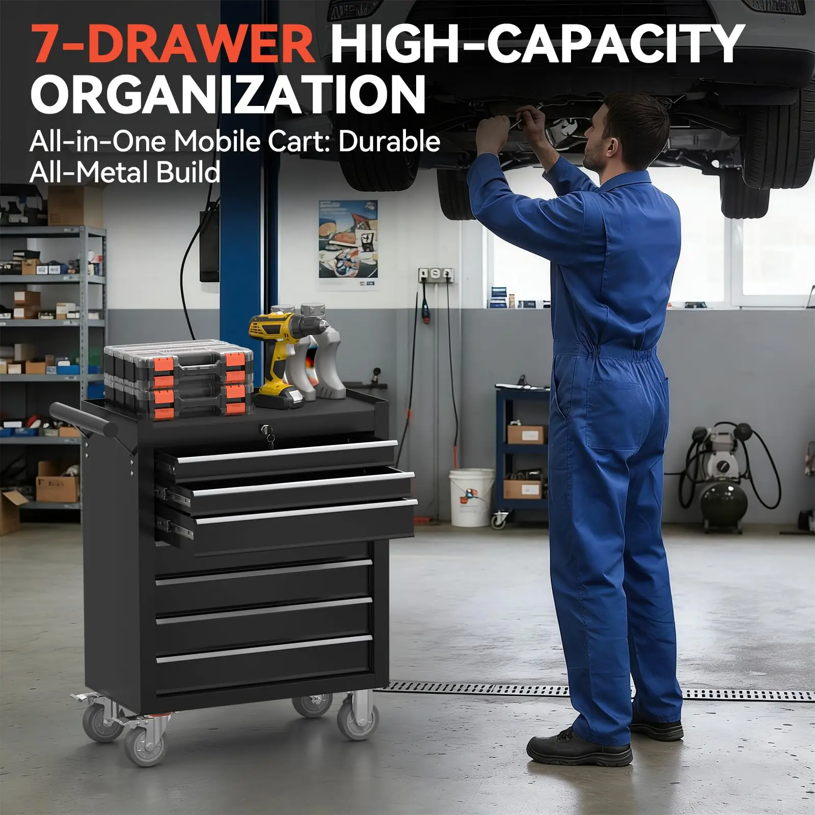 7-Drawer Rolling Tool Chest with Wheels, Metal Tool Storage Cabinet with Lock&Keys and Swivel, Toolbox with drawers