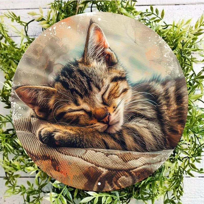 

Round Aluminum Metal Sign with HD Printed Sleeping Cat Image, Waterproof and Weather Resistant Door Hanger, Wall Decor