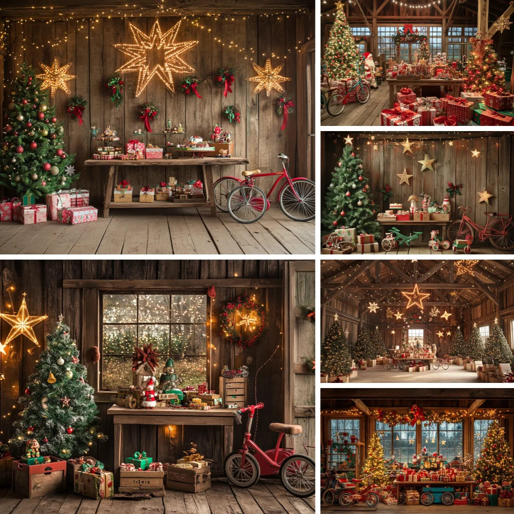 

Background Winter Christmas Warehouse Gift Gold Red Arch Xmas Tree Gifts Kids Family Portrait Decor Backdrop Photo Studio