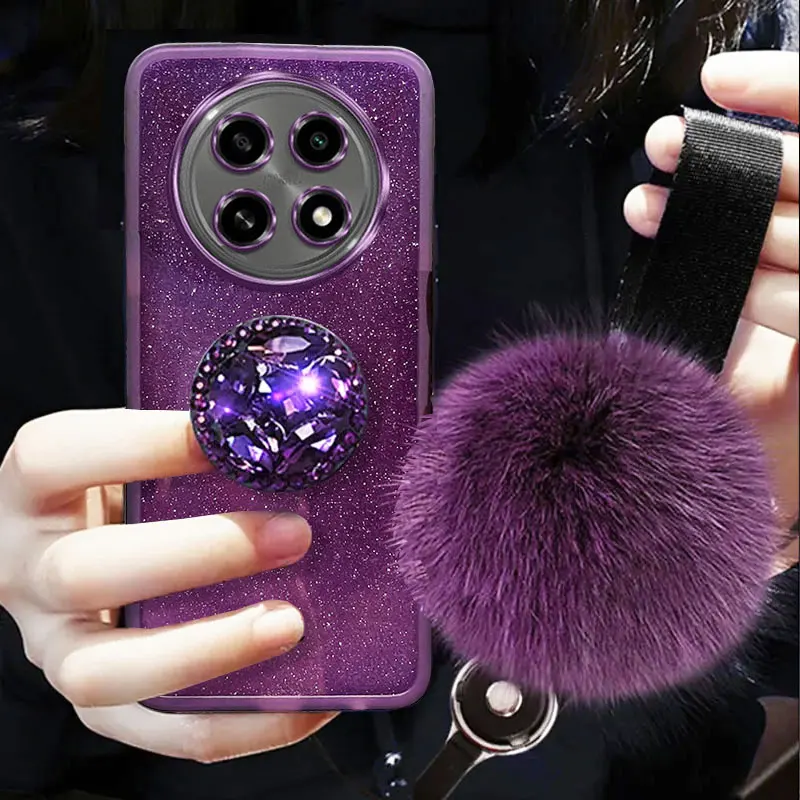 Realme13+ Case Luxury Diamond Holder Cover For OPPO Realme 13 12 11 pro plus 12X 11X 12Lite C67 C63 Case With Fur ball Lanyard