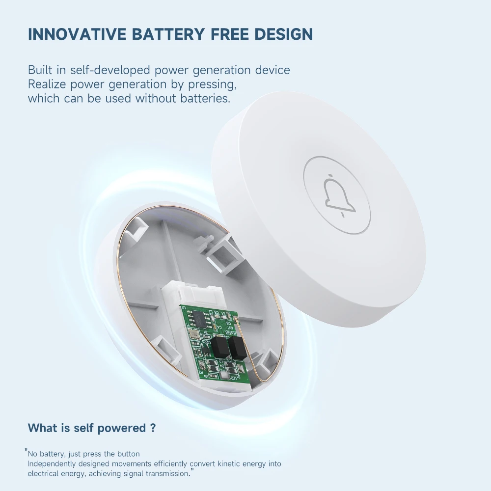 High-Volume And Long-Range Circular Kinetic Energy Doorbell EU US Plug Battery-Free Waterproof Self-Powered Wireless Door Bell
