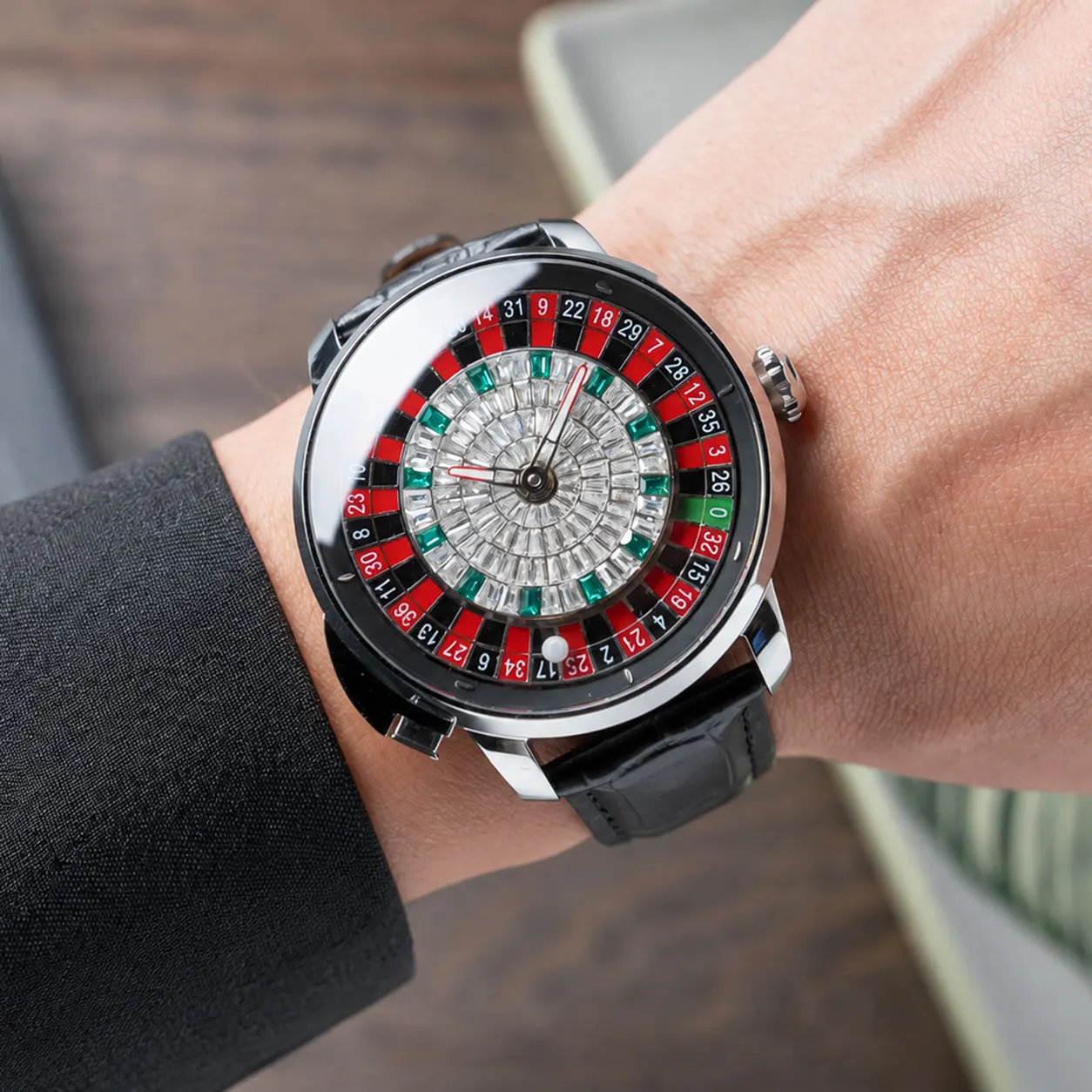 OBLVLO 45mm Men's Roulette Watch with Diamond Dial Luminous Hands Leather Strap See-through Miyota Movement Elegant CSM-CS