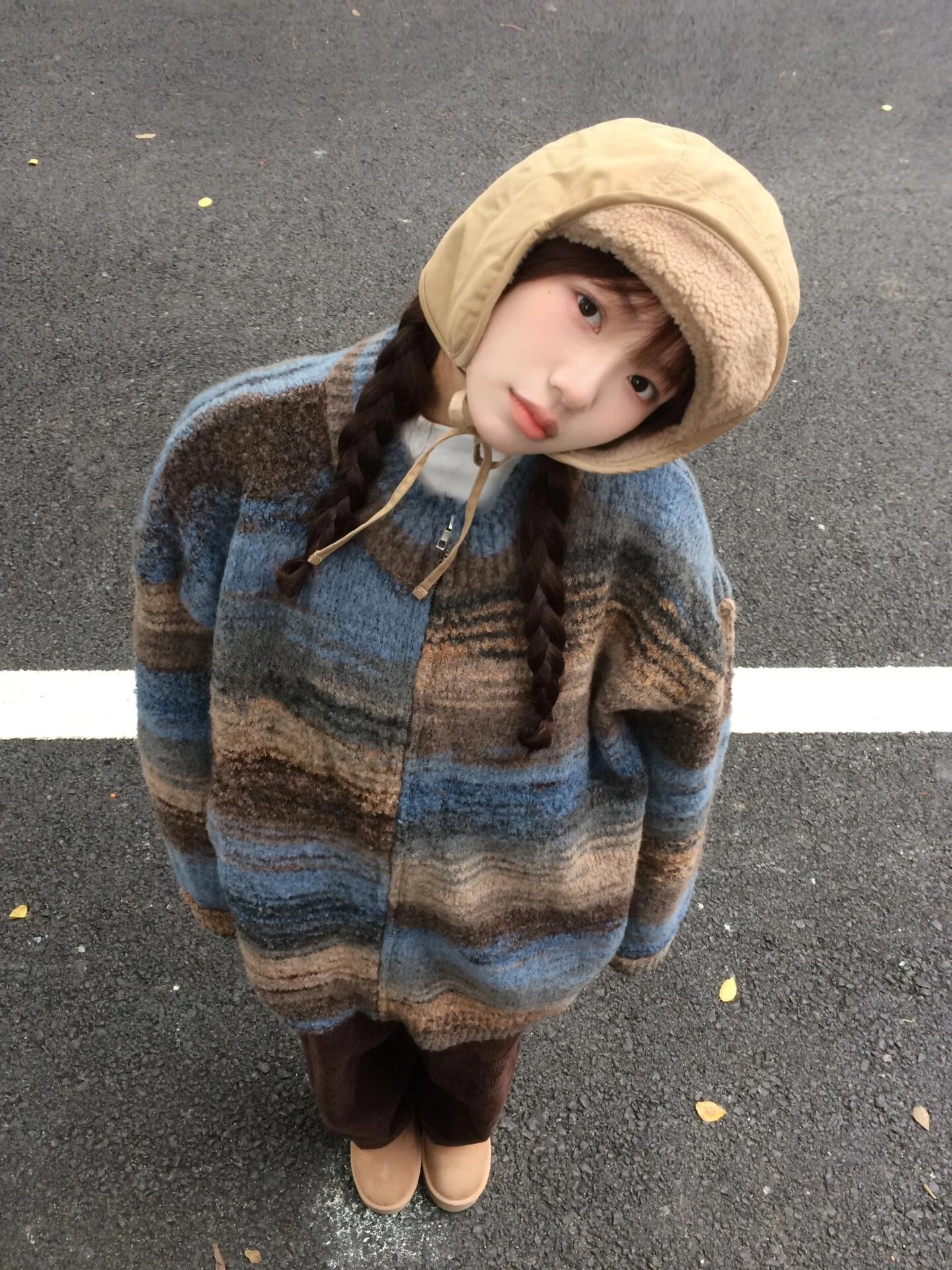 American Retro Zipper Knitted Sweater Coat Women's Autumn Winter New Sle Korean Lazy  Stripes Loose Cardigan