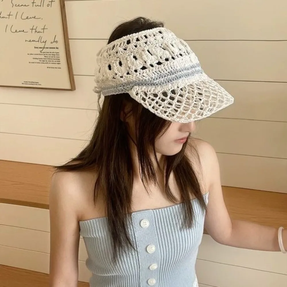 

Fashion Sunscreen Crochet Empty Top Cap Sunshade Soft Hollow Out Visor Hat Foldable Knitted Drawstring Hat Streetwear