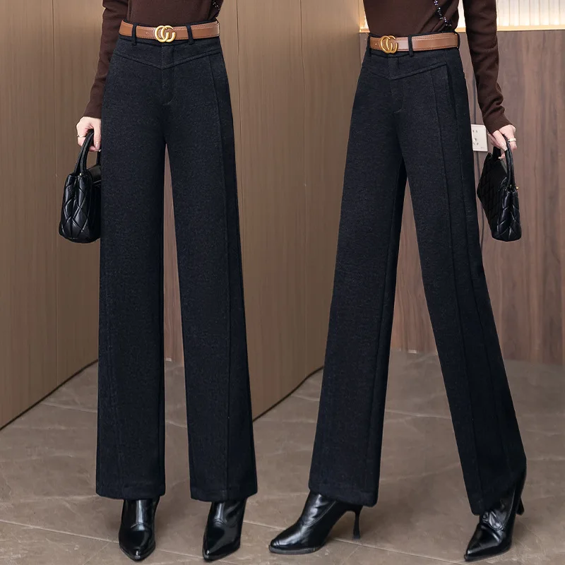 

Acetate Wool Narrow Straight Pants for Women, Autumn and Winter Fashion Woolen Casual Wide-Leg Pants, High-Waisted Cashmere Pant