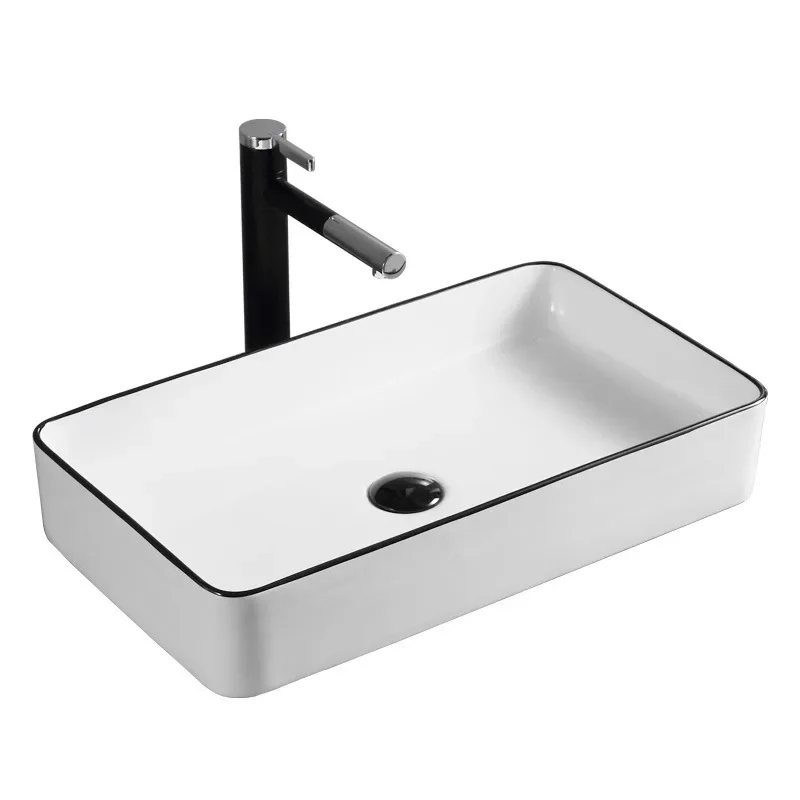 YYHC-2020 New Arrival Good Quality Ceramic White Wash Basin Black Color Line Rectangular Shape Bathroom Sink