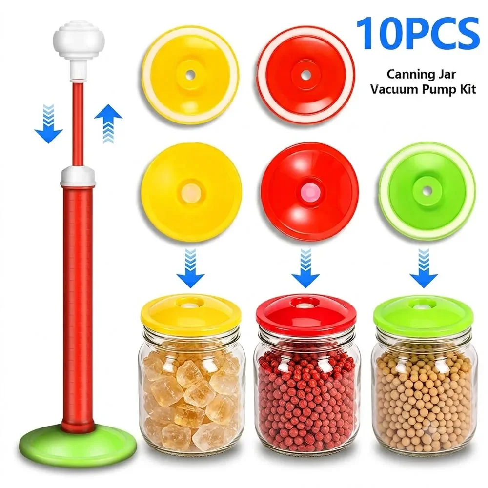 10Pcs Canning Jar Vacuum Pump Kit Mixed Color Vacuum Sealer Jar Lids With Vacuum Pump Reusable Pickle Jar Sealing Cover for Home