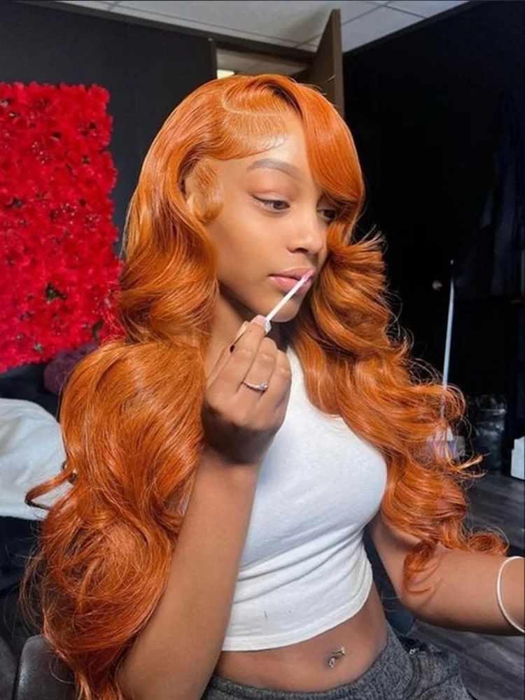 250 Densidad # 350 naranja jengibre onda del cuerpo 13x6 peluca Frontal de encaje Color naranja 28inch13x4 pelucas de cabello humano Frontal de encaje para mujer