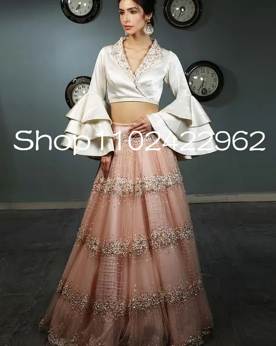 Modern Lehenga Prom Occasion Dresses with Embellishments Western Blouse Two Pieces Gillter indian Runway Evening Gown