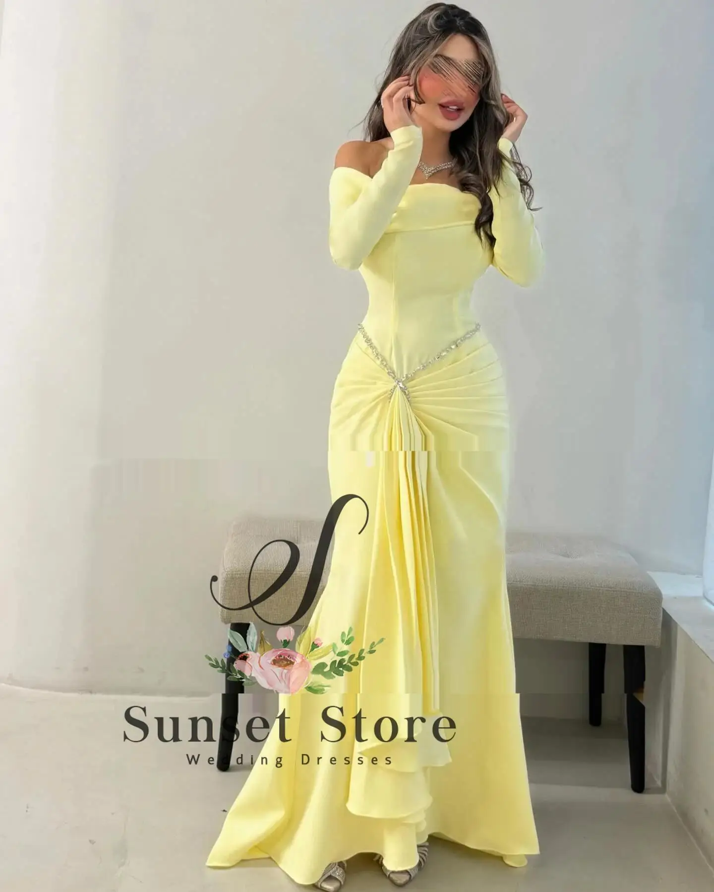 

Customized Mermaid Satin Off Shoulder Arab Prom Dresses Full Sleeves Evening Party Gown Dubai Special Occasion Dress