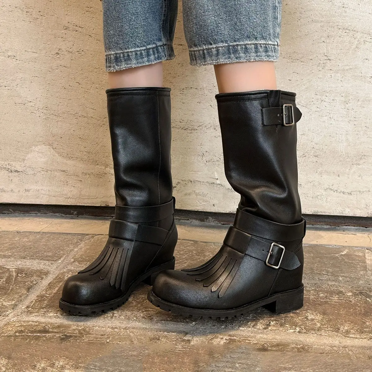 

Arden Furtado Black cowhide Tassels boots Round toe Belt buckle Slip-on Middle heel Large size Women's Boots Mid-Calf boots