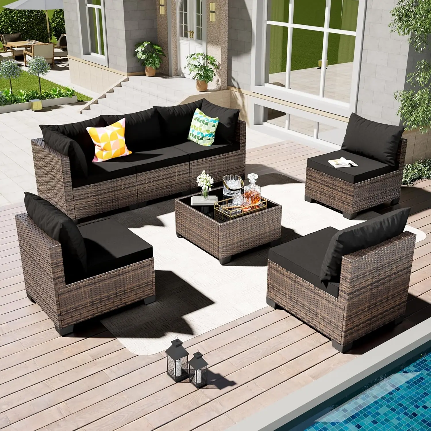 

Комплект садовой мебели из 7 предметов - уличная секционная мебель из ротанга с подушками и стеклянным столом, на заказ