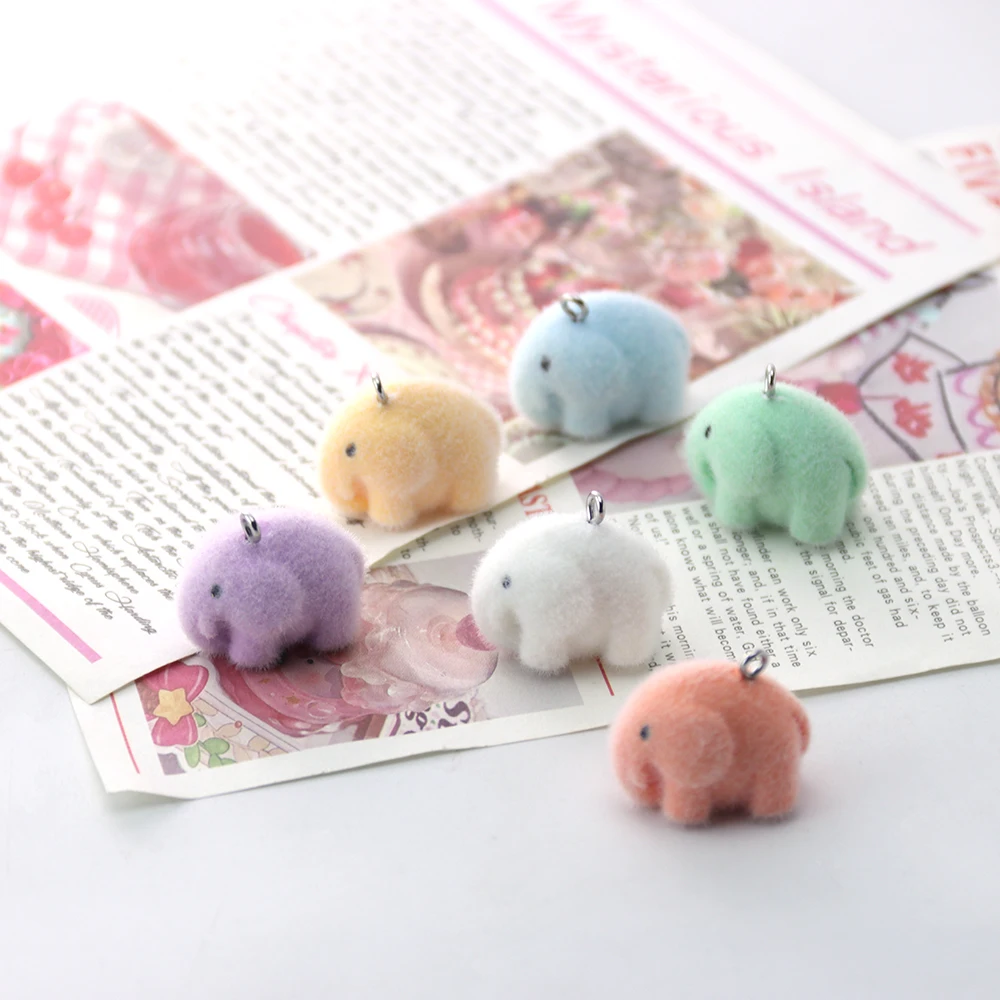 30Pcs 3D Flocking Resin Elephant Charms Plush Doll Pendant for Necklace Bracelet Earring Keychain DIY Making Jewelry Accessories