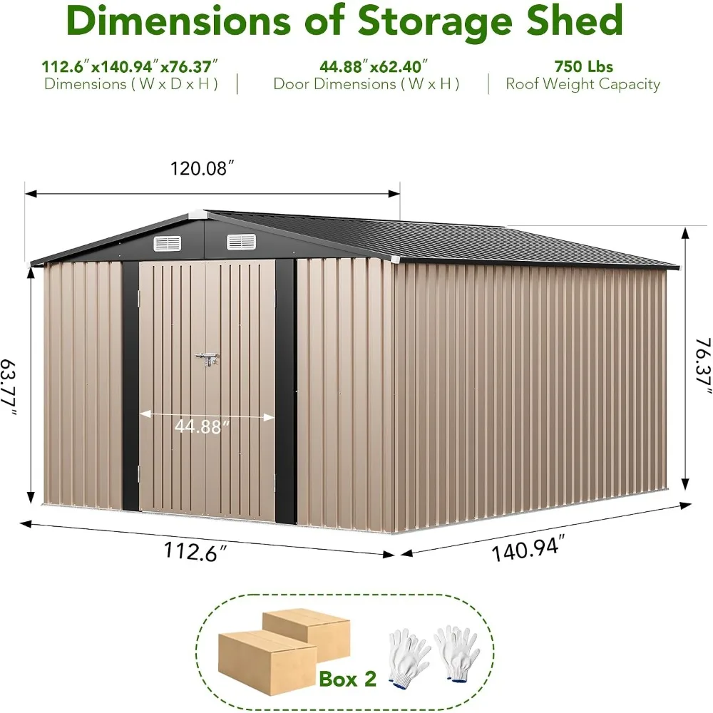 12x10FT Metal Outdoor Storage Shed Windows, Double Lockable Doors, Sloped Roof, Waterproof