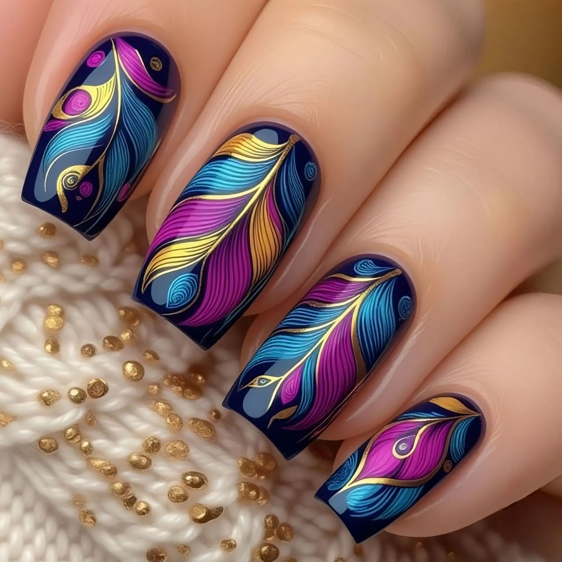 Faux ongles moyens pour femmes et filles, colorés, violet, jaune, rouge, marron, plume, design feuille, mat ou brillant, pointes carrées à pression