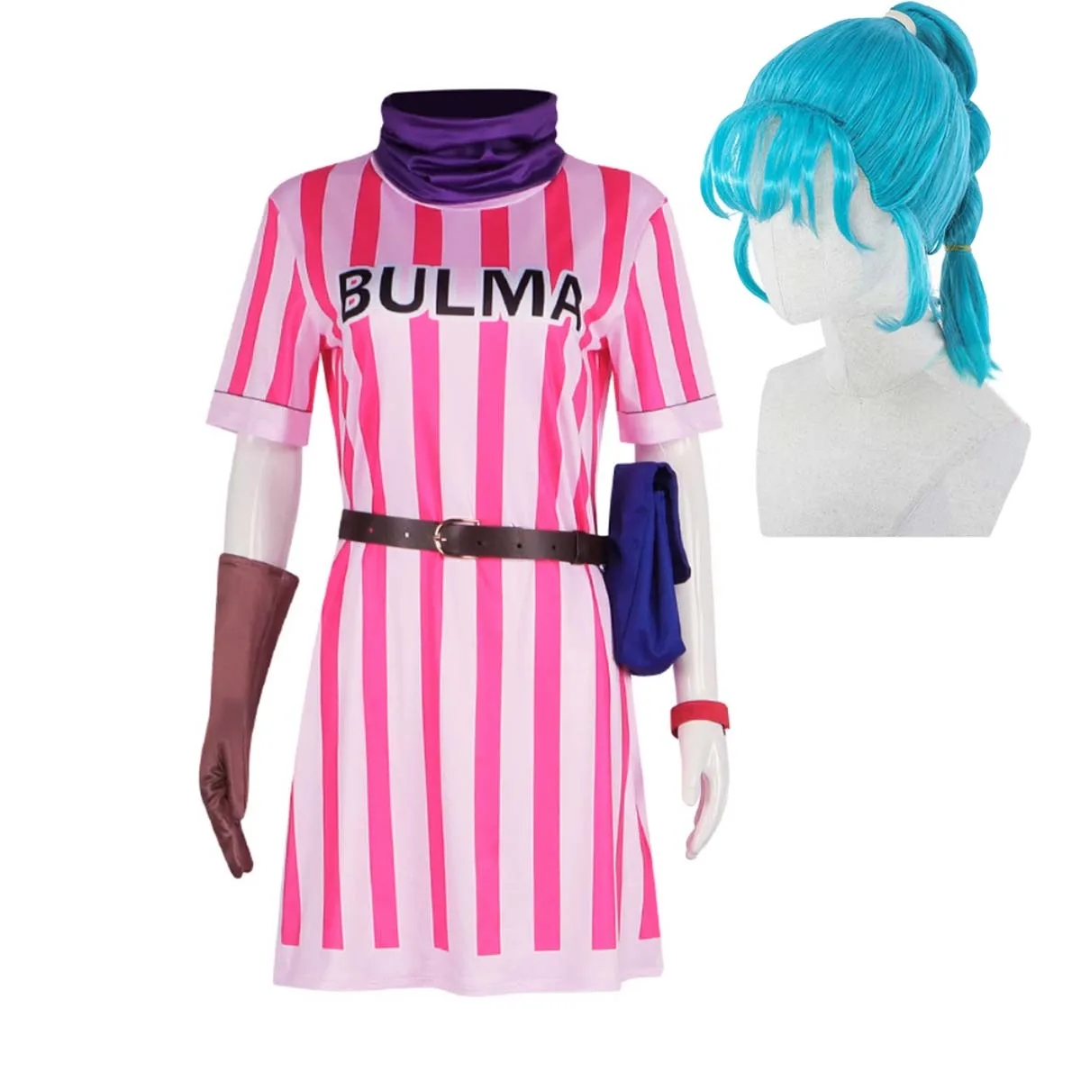 Mujer Halloween Comic Con puesta en escena Bulma Cosplay vestido rosa a rayas disfraz o peluca