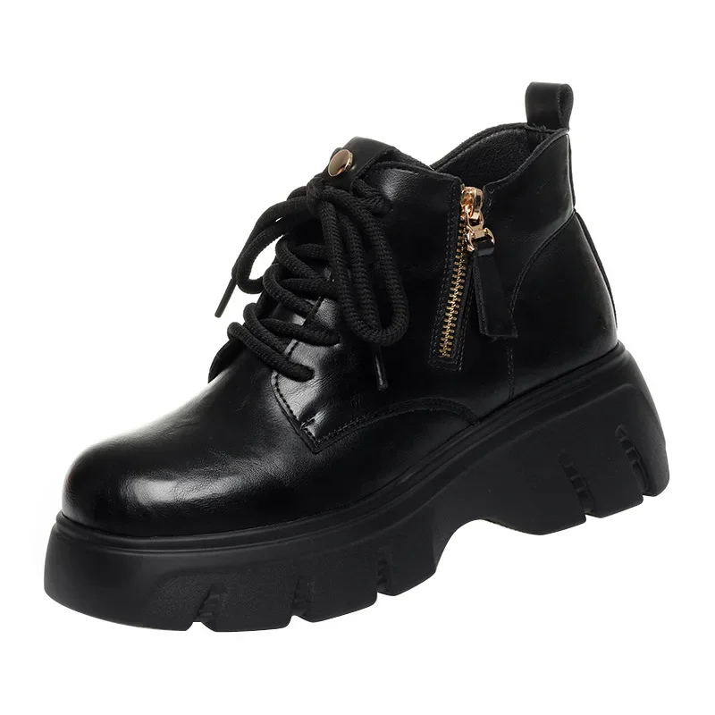 

Винтажные зимние ботильоны из мягкой кожи с высоким берцем и толстой подошвой 6 см, обувь на платформе 2025 года, теплые мотоциклетные ботинки на коротком меху на каждый день