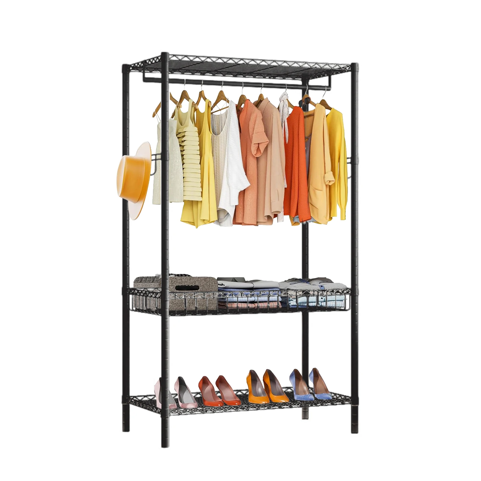 Heavy Duty Garment Rack, Portable Clothes Rack For Hanging Clothes, Wardrobe Storage Rack With 2 Shelves And 1 Hang Rod